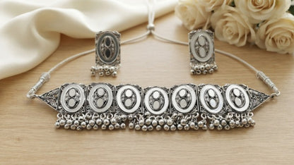 Jewel City Oxidized Silver Mirror Choker Set, Ethnic Jewelry For Women