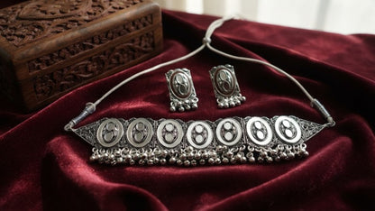 Jewel City Oxidized Silver Mirror Choker Set, Ethnic Jewelry For Women
