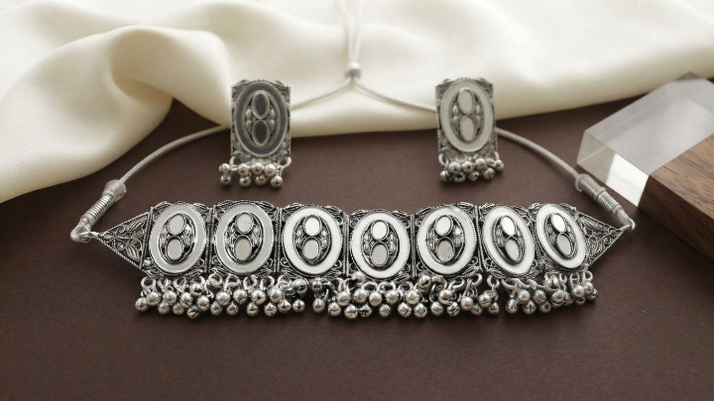 Jewel City Oxidized Silver Mirror Choker Set, Ethnic Jewelry For Women