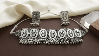 Jewel City Oxidized Silver Mirror Choker Set, Ethnic Jewelry For Women
