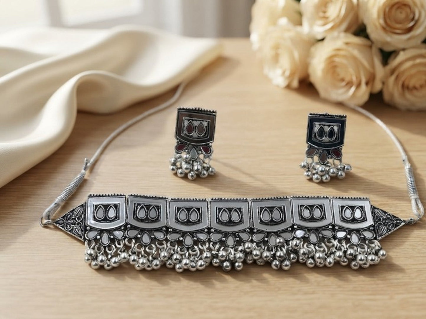 Jewel City Oxidized Silver Mirror Choker Set, Traditional Ethnic Jewelry For Women