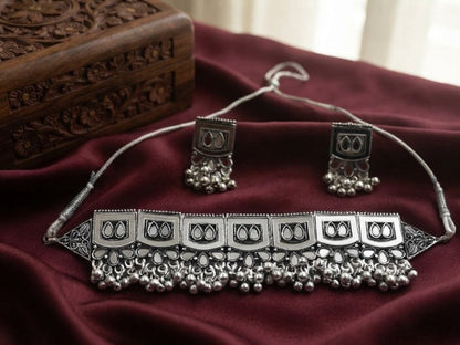 Jewel City Oxidized Silver Mirror Choker Set, Traditional Ethnic Jewelry For Women