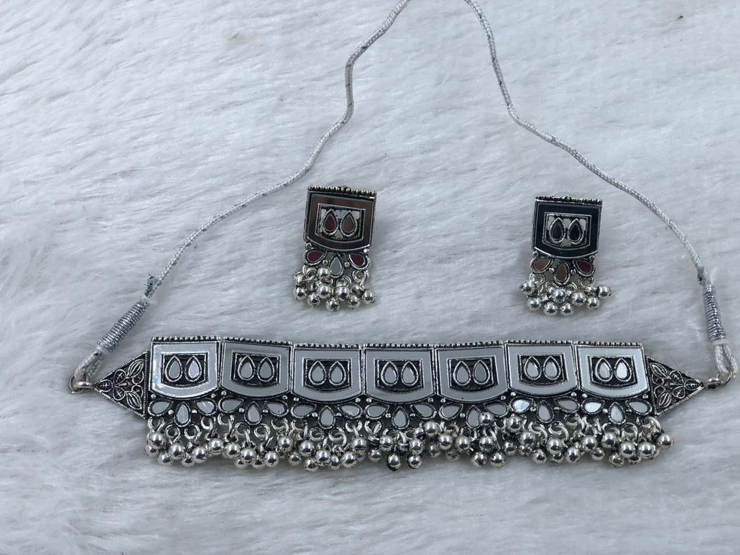 Jewel City Oxidized Silver Mirror Choker Set, Traditional Ethnic Jewelry For Women