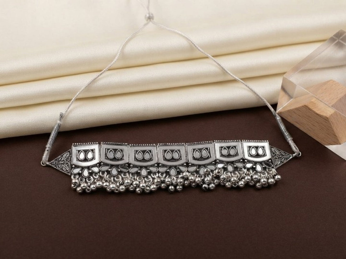 Jewel City Oxidized Silver Mirror Choker Set, Traditional Ethnic Jewelry For Women