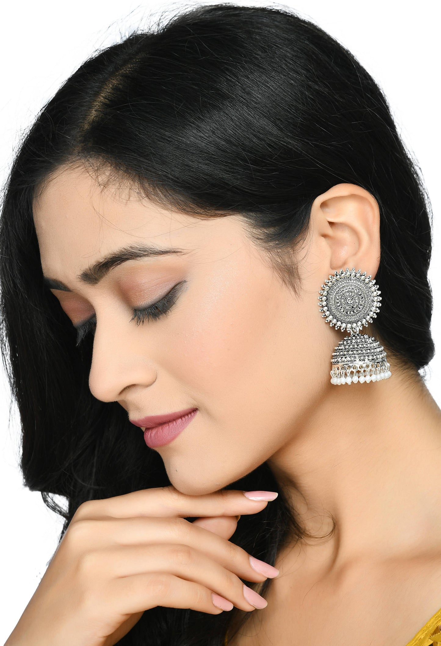 Mominos Fashion Johar Kamal Silver Color Jhumkas With White Pearls Earrings