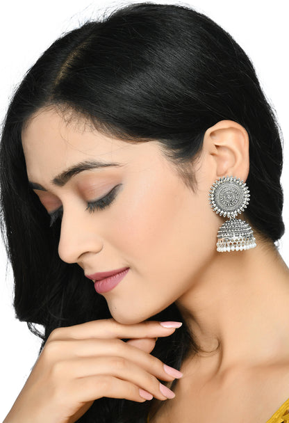 Mominos Fashion Johar Kamal Silver Color Jhumkas With White Pearls Earrings