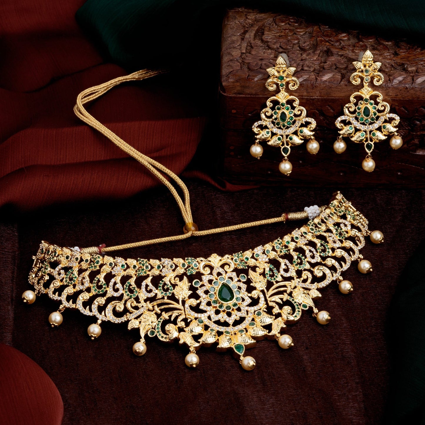 Estele Gold-Polished CZ Magnificent Bridal Choker Necklace Set with Green Stones & Pearls for Women