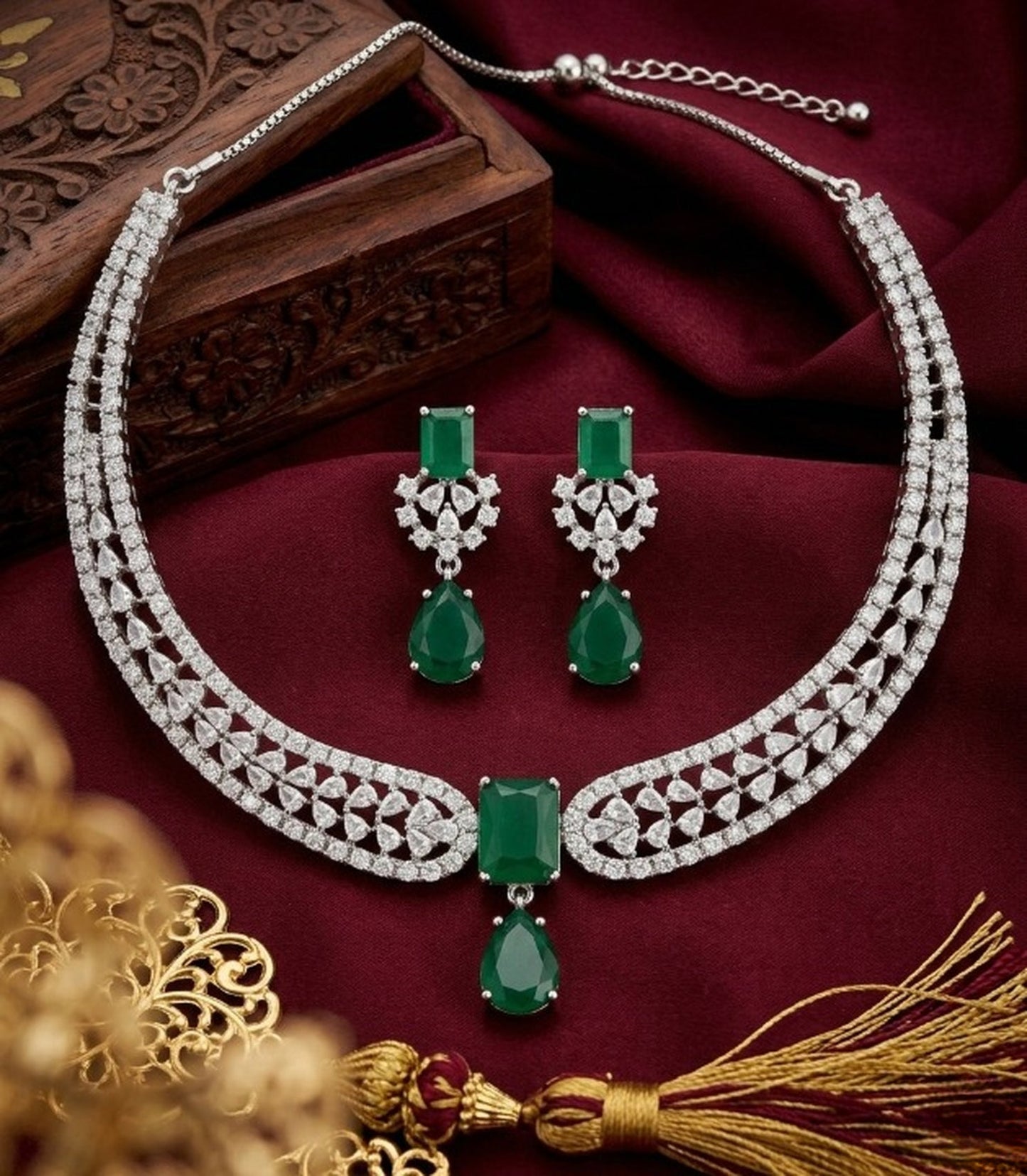Jewel City Stunning CZ Diamond American Diamond Necklace Set with Drop Earrings - Bridal, Wedding, Party Wear