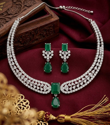 Jewel City Stunning CZ Diamond American Diamond Necklace Set with Drop Earrings - Bridal, Wedding, Party Wear