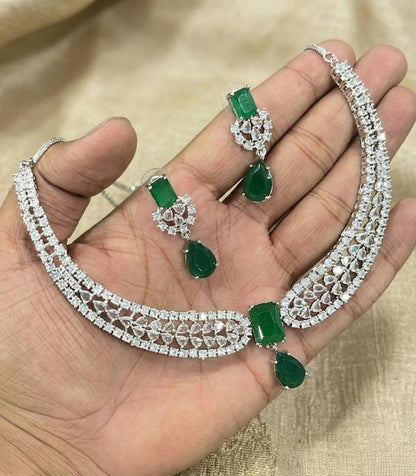 Jewel City Stunning CZ Diamond American Diamond Necklace Set with Drop Earrings - Bridal, Wedding, Party Wear