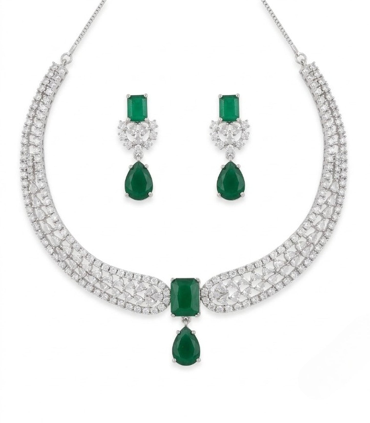 Jewel City Stunning CZ Diamond American Diamond Necklace Set with Drop Earrings - Bridal, Wedding, Party Wear