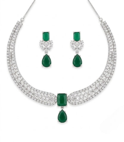 Jewel City Stunning CZ Diamond American Diamond Necklace Set with Drop Earrings - Bridal, Wedding, Party Wear
