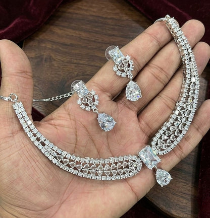 Jewel City Stunning CZ Diamond American Diamond Necklace Set with Drop Earrings - Bridal, Wedding, Party Wear
