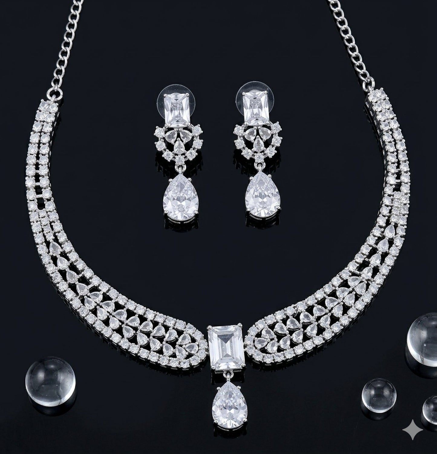 Jewel City Stunning CZ Diamond American Diamond Necklace Set with Drop Earrings - Bridal, Wedding, Party Wear