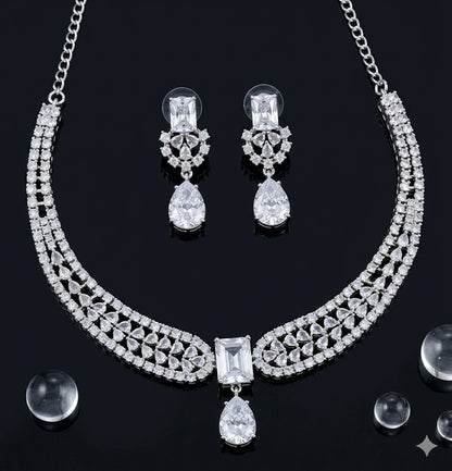 Jewel City Stunning CZ Diamond American Diamond Necklace Set with Drop Earrings - Bridal, Wedding, Party Wear