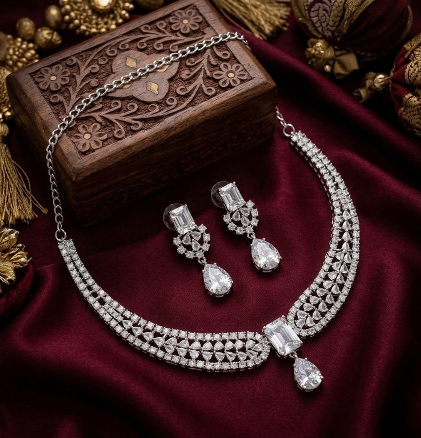 Jewel City Stunning CZ Diamond American Diamond Necklace Set with Drop Earrings - Bridal, Wedding, Party Wear