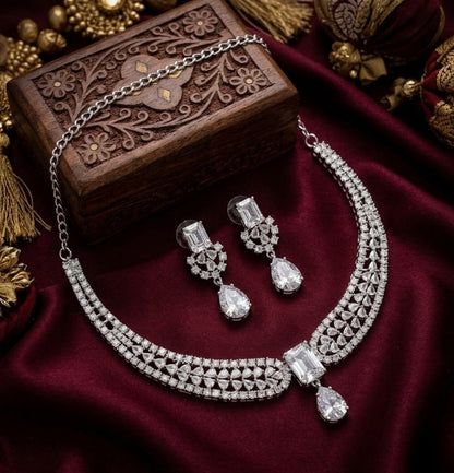 Jewel City Stunning CZ Diamond American Diamond Necklace Set with Drop Earrings - Bridal, Wedding, Party Wear