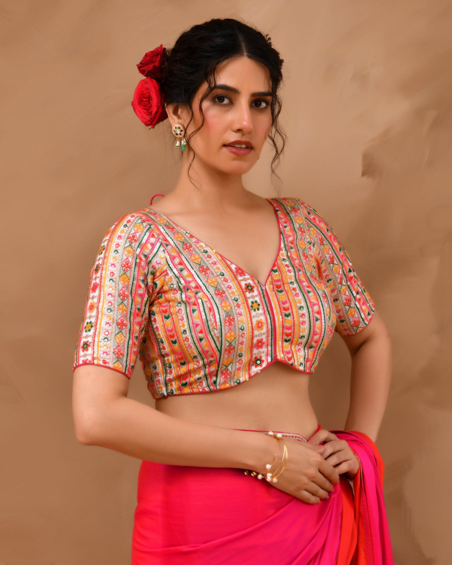 Amodini Designer Studio Women's Multicolored Embroidered Blouse with sleeves