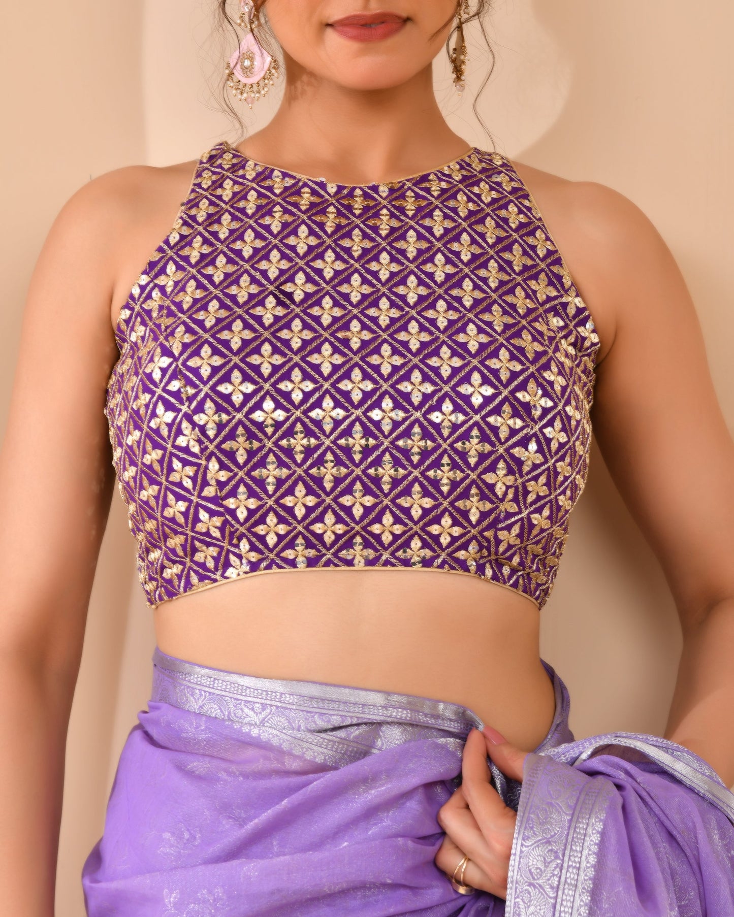 Amodini Designer Studio Women's Mirror Work High Neck Purple Blouse