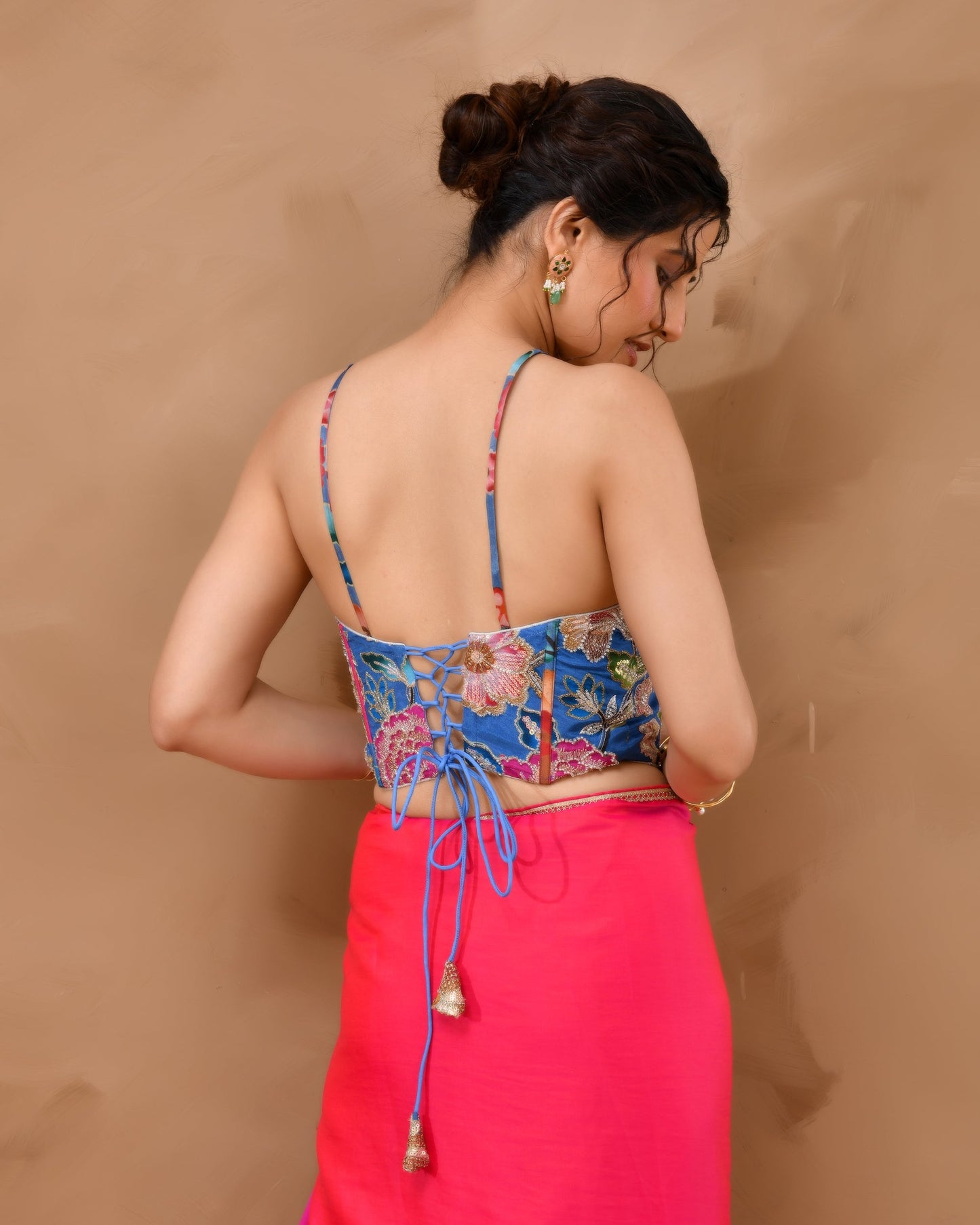 Amodini Designer Studio Women's Organza Floral Handwork Corset Style Blue Blouse