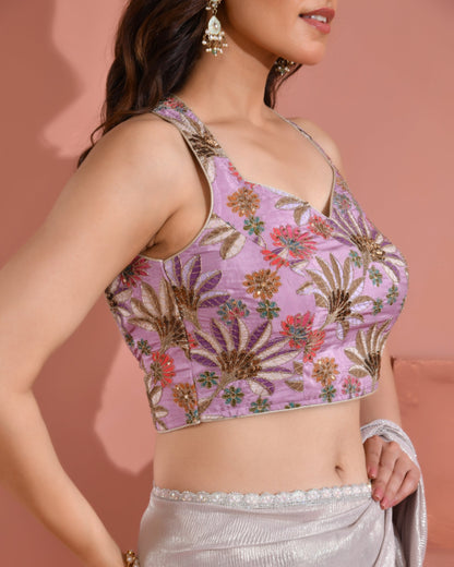 Amodini Designer Studio Women's Position Print Sequined Embellished Halter Neck Lavender Blouse