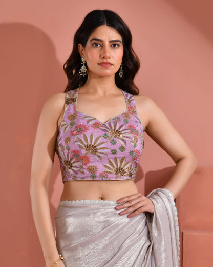 Amodini Designer Studio Women's Position Print Sequined Embellished Halter Neck Lavender Blouse