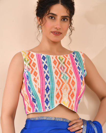 Amodini Designer Studio Women's White Multicoloured Boat Neck Jacquard Blouse