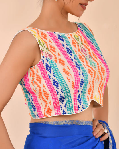 Amodini Designer Studio Women's White Multicoloured Boat Neck Jacquard Blouse