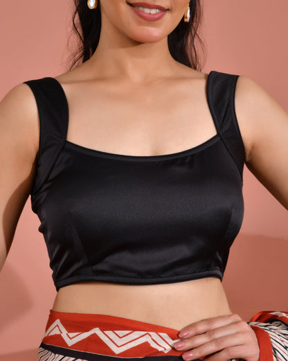 Amodini Designer Studio Women's Round Neck Satin Black Solid Blouse