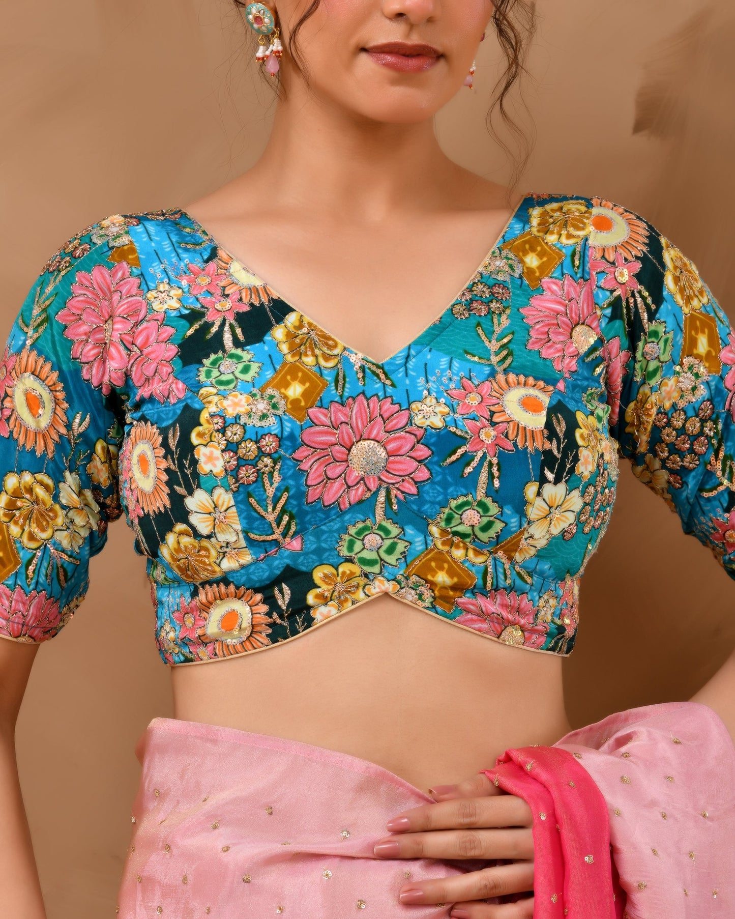 Amodini Designer Studio Women's Blue Sequined Zari Multicolored Postion Print Blouse with Sleeves