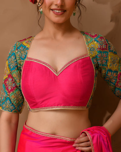 Amodini Designer Studio Women's Madhubala Style Pink Blouse With Sleeves