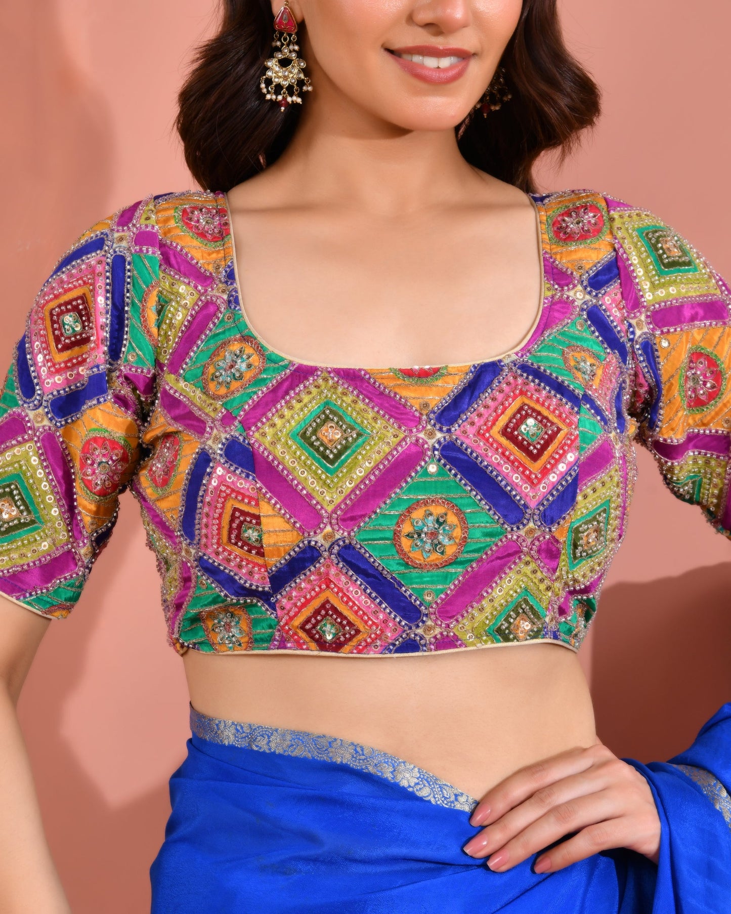 Amodini Designer Studio Women's Multicolor Geometric Pattern Cut Dana Embroidered Blouse