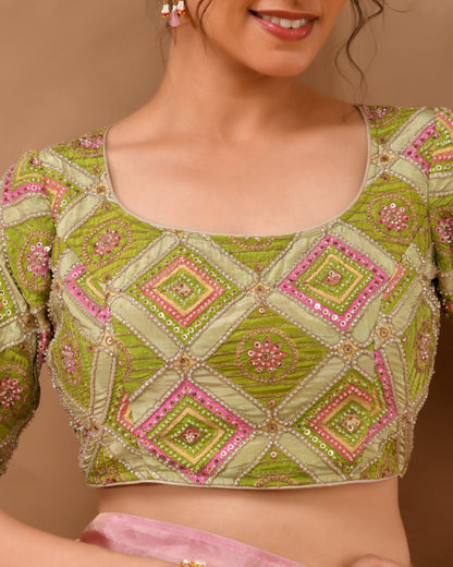 Amodini Designer Studio Women's Green Geometric Pattern Cut Dana Embroidered Blouse