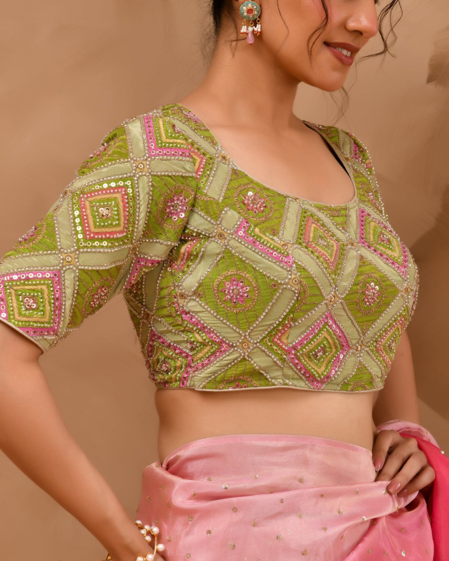 Amodini Designer Studio Women's Green Geometric Pattern Cut Dana Embroidered Blouse