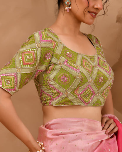 Amodini Designer Studio Women's Green Geometric Pattern Cut Dana Embroidered Blouse