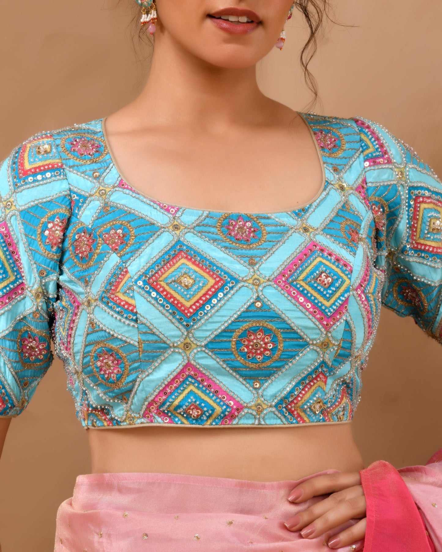 Amodini Designer Studio Women's Sky Blue Geometric Pattern Cut Dana Embroidered Blouse
