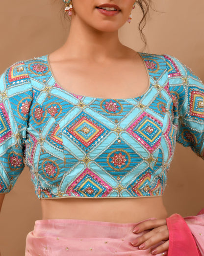 Amodini Designer Studio Women's Sky Blue Geometric Pattern Cut Dana Embroidered Blouse