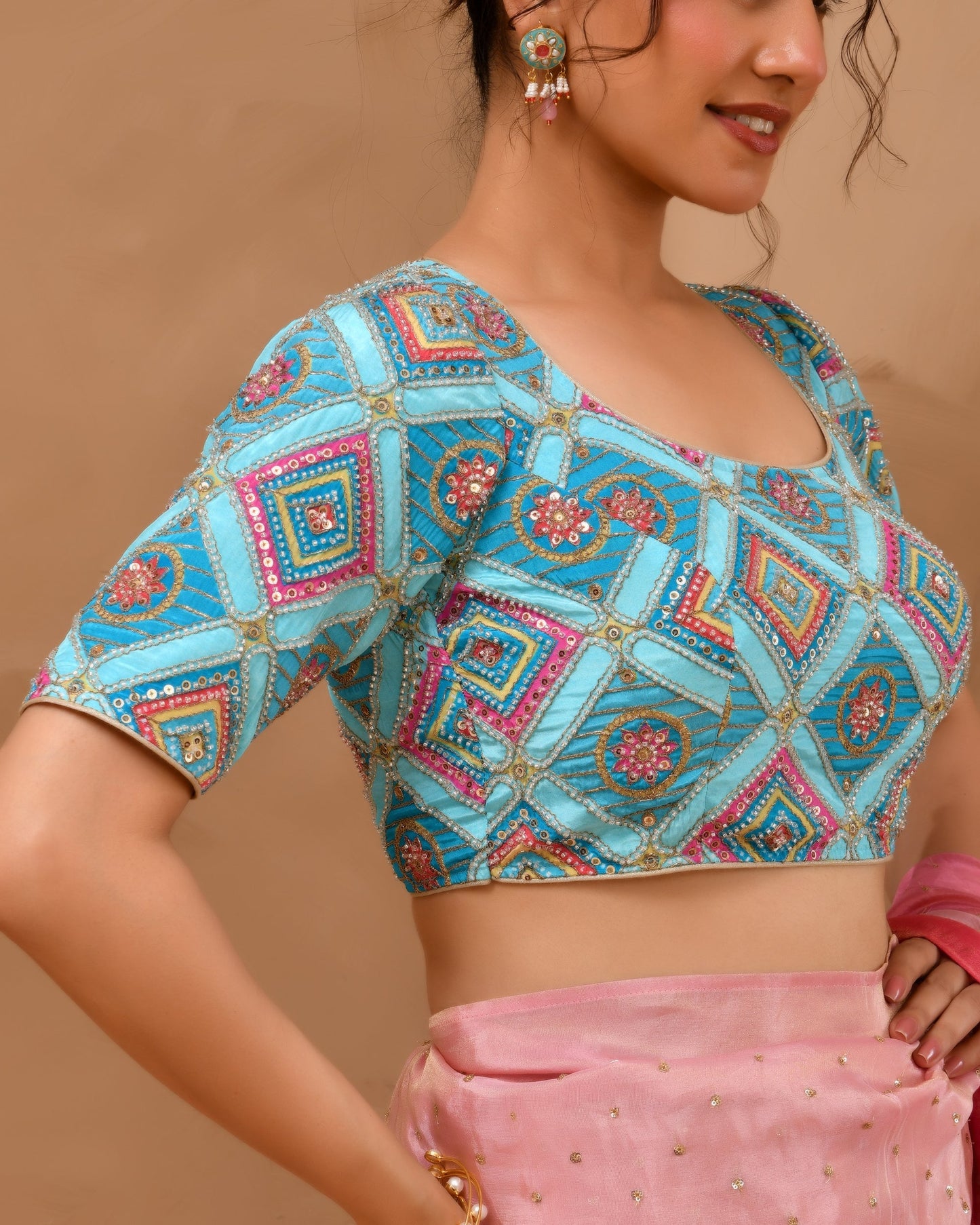 Amodini Designer Studio Women's Sky Blue Geometric Pattern Cut Dana Embroidered Blouse