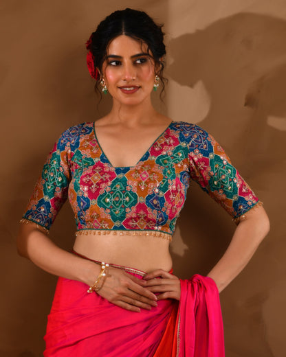 Amodini Designer Studio Women's Multicolored Zari Embroidered Glass Neck Blouse With Sleeves