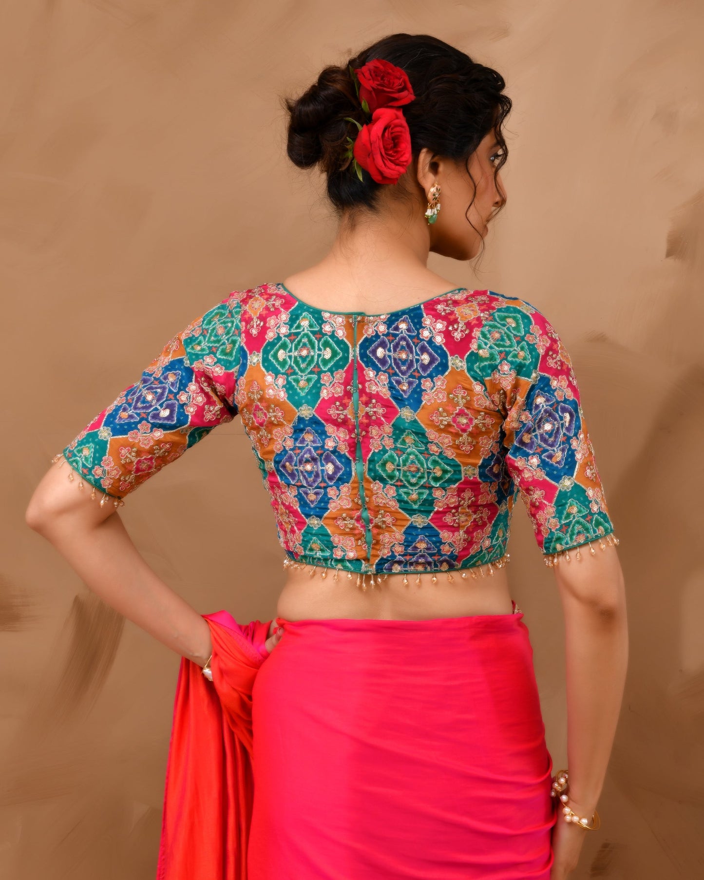 Amodini Designer Studio Women's Multicolored Zari Embroidered Glass Neck Blouse With Sleeves