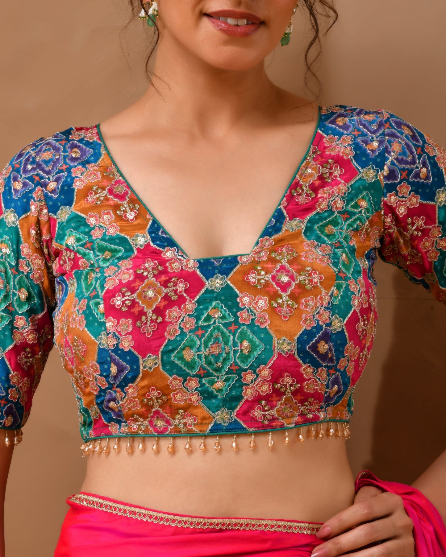 Amodini Designer Studio Women's Multicolored Zari Embroidered Glass Neck Blouse With Sleeves