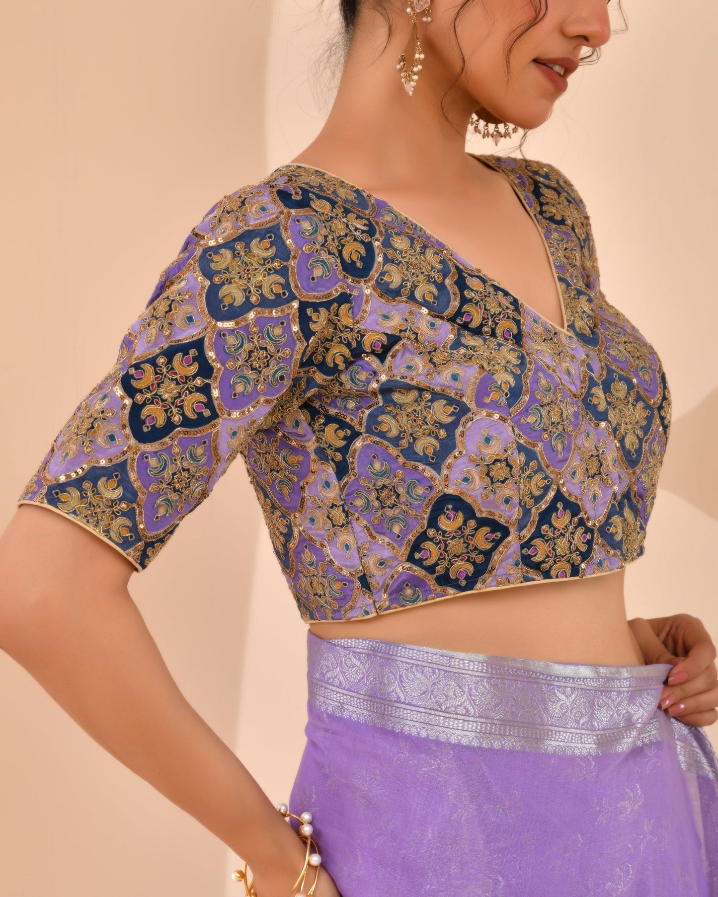 Amodini Designer Studio Women's Purple Geometric Pattern Embroidered Blouse
