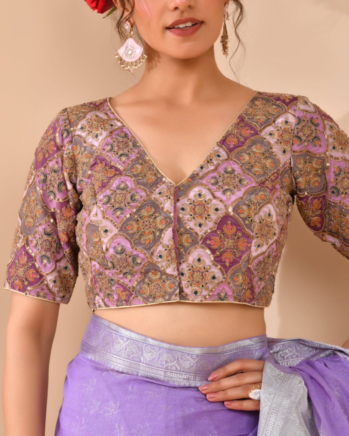 Amodini Designer Studio Women's Lavender Geometric Pattern Embroidered Blouse