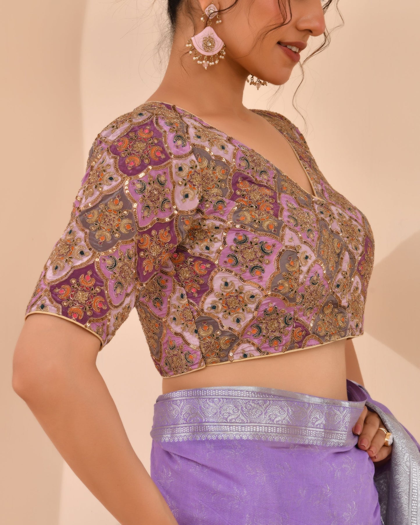 Amodini Designer Studio Women's Lavender Geometric Pattern Embroidered Blouse