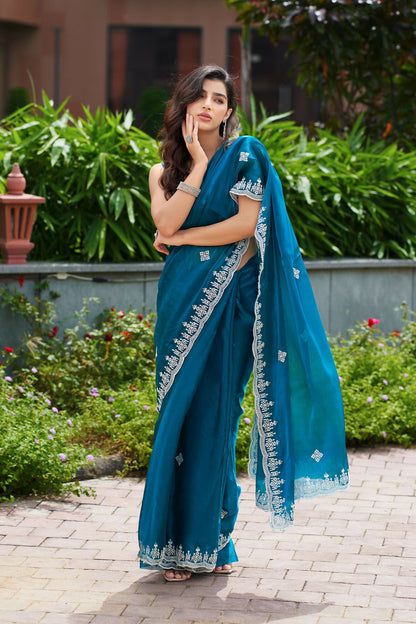 Vastranavya Teal Embroidery Work Shimmer Chiffon Saree with Unstitched Blouse