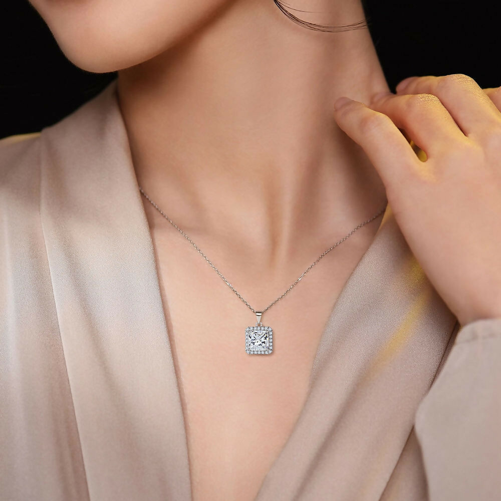 Cauer Radiant Moissanite Pendant Necklace in 925 Sterling Silver, White Gold Plated