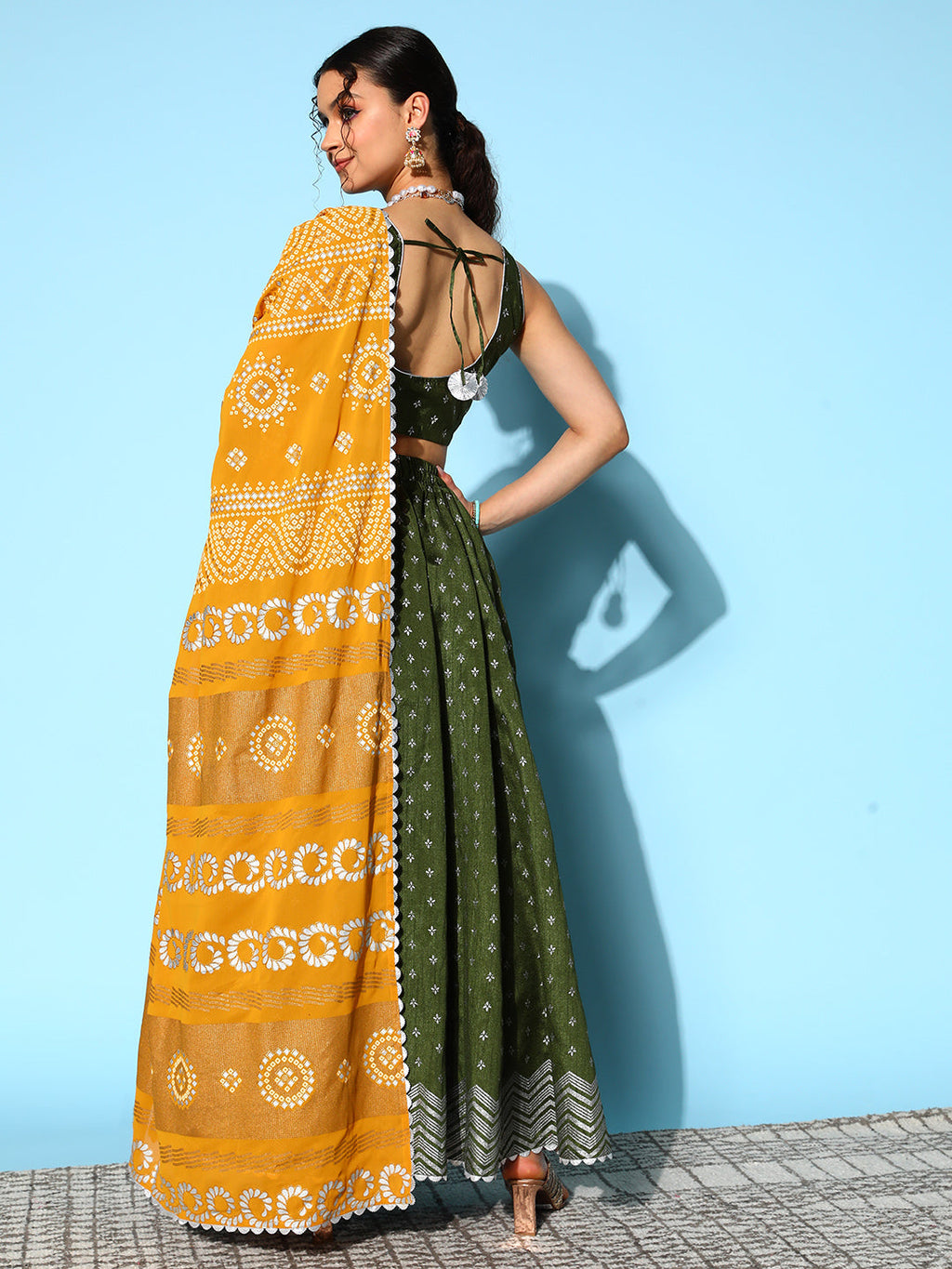 Ahalyaa Olive Green & Silver-Toned Printed Ready to Wear Lehenga & Blouse With Dupatta
