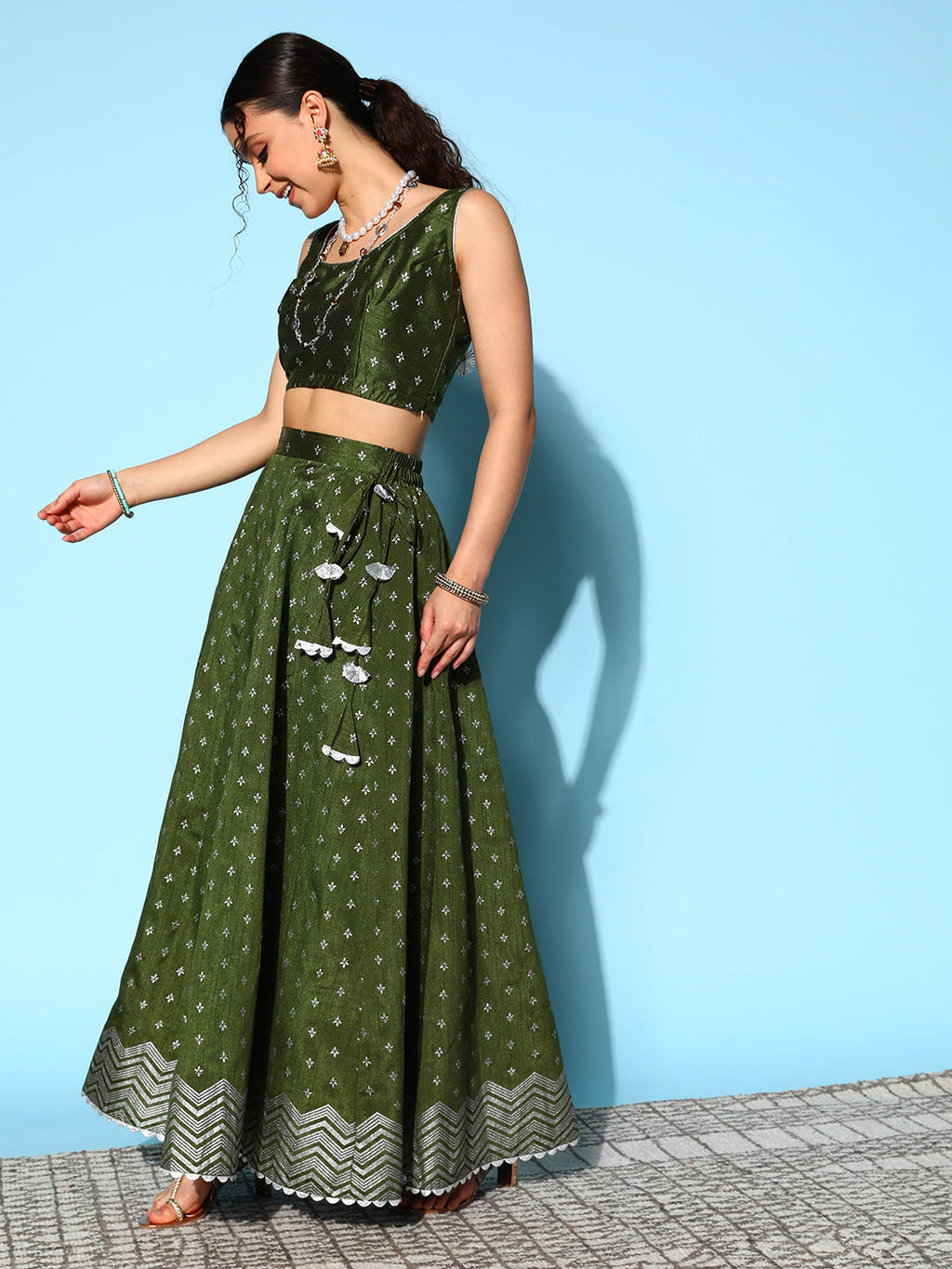 Ahalyaa Olive Green & Silver-Toned Printed Ready to Wear Lehenga & Blouse With Dupatta
