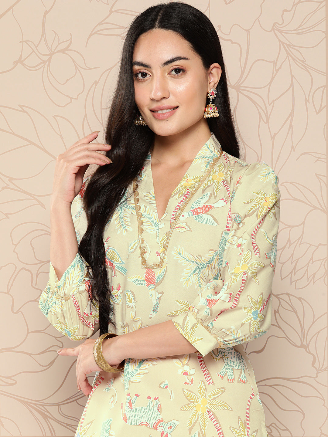 Ahalyaa Women Floral Printed Gotta Patti Crepe Kurta