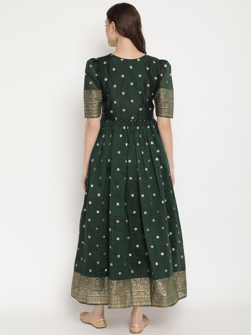 Ahalyaa Women Green Print Work Chanderi Silk Anarkali Kurta